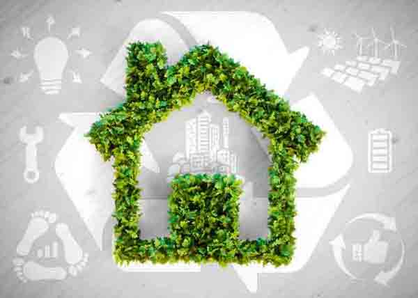 3D-Illustration eines grünen Hauses mit ökologischen Symbolen.