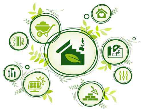 Illustration mehrerer grüne Kreise, die grüne Symbole enthalten, die für einen nachhaltigen und ökologischen Bau stehen.