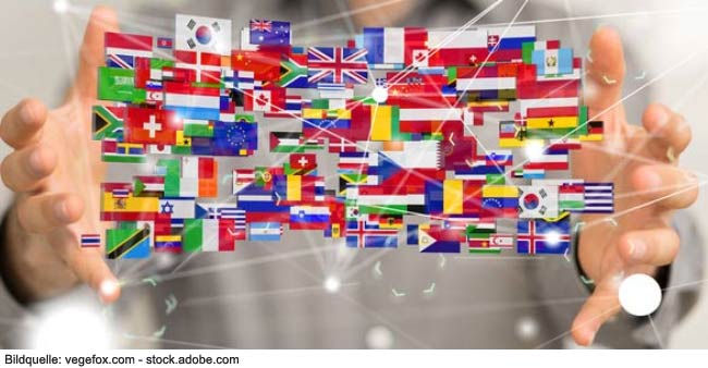 Viele verschiedene Länderflaggen und ein Netzwerk schweben zwischen den Händen eines Mannes.