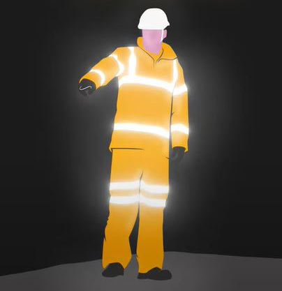 Illustration mit einem Menschen in der Dunkelheit, der einen Schutzhelm und Warnkleidung mit leuchtenden Reflexstreifen trägt.