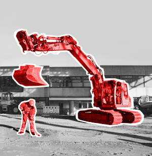 Bagger verliert Schaufel, die auf einen Beschäftigten zu stürzen droht.