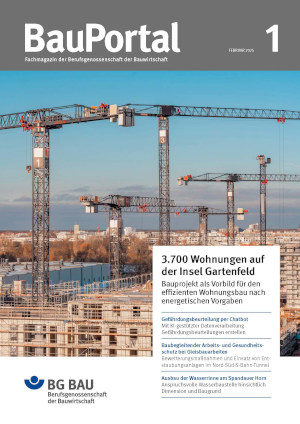 Titelseite der Zeitschrift BauPortal 1-2025 mit dem Titelmotiv, das Kräne auf einer Baustelle auf der Insel Gartenfeld zeigt.