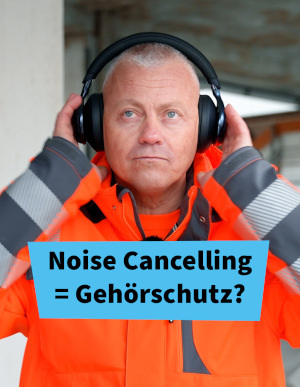 Screenshot von TikTok mit dem Titel "Noise Cancelling = Gehörschutz?". Aufsichtsperson Denny trägt einen Kopfhörer auf der Baustelle.