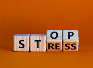 Vier Holzwürfel, auf denen das Wort Stopp und Stress stehen.