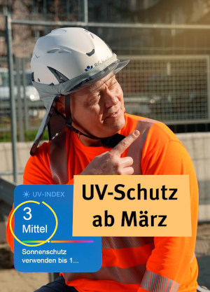 Screenshot von TikTok mit dem Titel "UV-Schutz ab März". Aufsichtsperson Denny trägt einen Helm mit Nackenschutz.