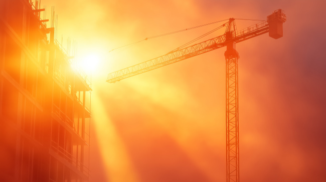 Baustelle bei Sonnenuntergang mit vom Sonnenlicht beleuchtetem Kran.