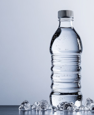 Wasserflasche vor grauem Hintergrund.