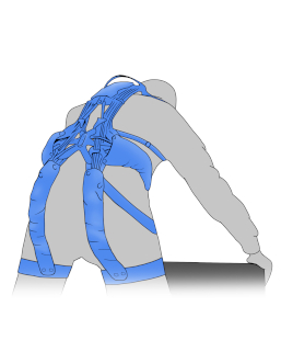 Zeichnung einer Person, die ein blaues Exoskelett am Rücken trägt, das zur Unterstützung bei körperlicher Arbeit dient.