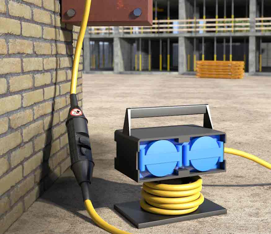 Personenschutzschalter für ortsveränderliche Fehlerstrom-Schutzeinrichtung mit geschaltetem Schutzleiter.