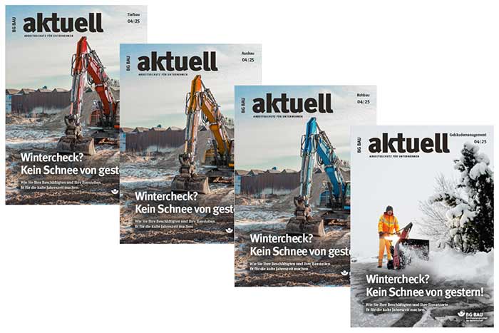 Collage der Titelbilder von BG BAU aktuell 4/2025