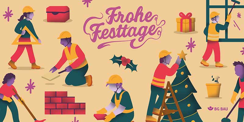 Mehrere Bauarbeiterinnen und Bauarbeiter mit weihnachtlichem Motiv.