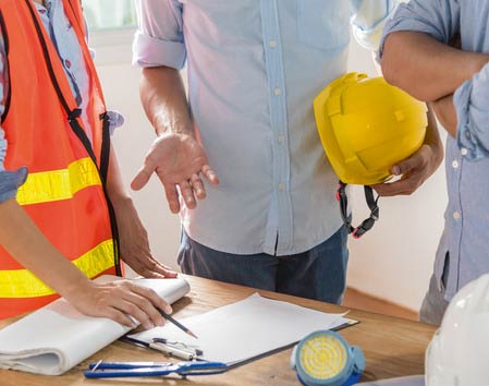 Teambesprechung in einem Raum auf einer Baustelle.