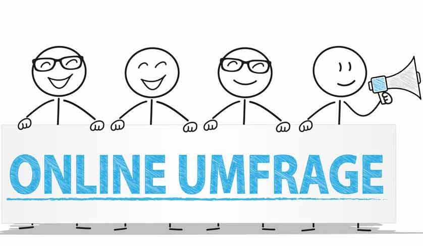 Mehrere Strichmännchen halten ein Schild mit der Aufschrift: Online-Umfrage.