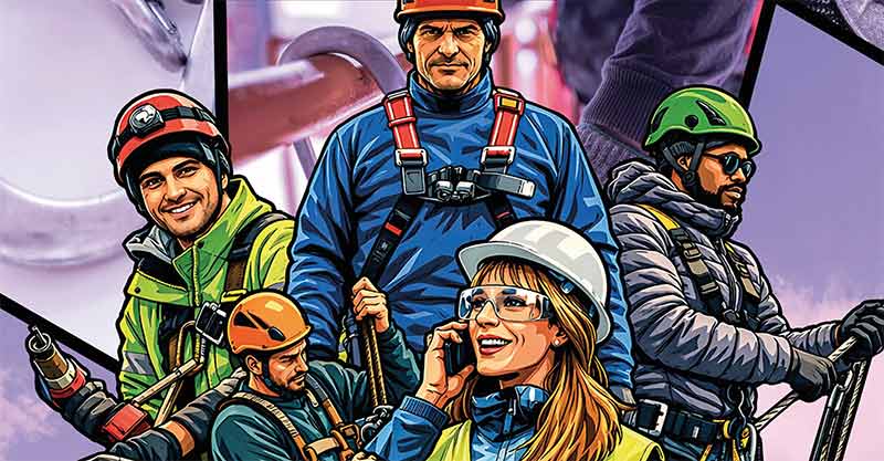 Illustration mehrerer Beschäftigter auf einer Baustelle mit persönlicher Schutzausrüstung, darunter Schutzhelme, Schutzbrillen und Auffanggurte, bei unterschiedlichen Arbeitstätigkeiten.